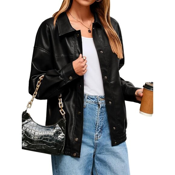 Women's Oversized Faux Leather Black Jacket Button Down Moto Bomber Winter Coat - Picture 1 of 6